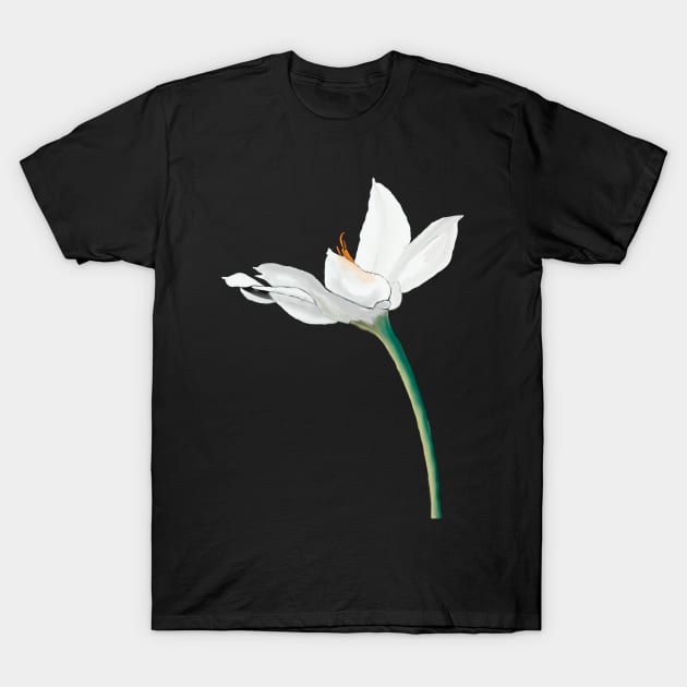 White Flower on Black T-Shirt by designs-by-ann